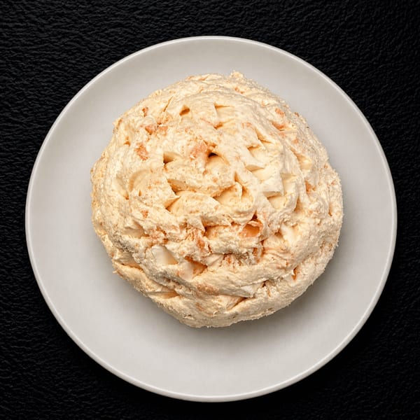 A creamy, light orange cheese ball with visible chunks of cheese, served on a white plate.