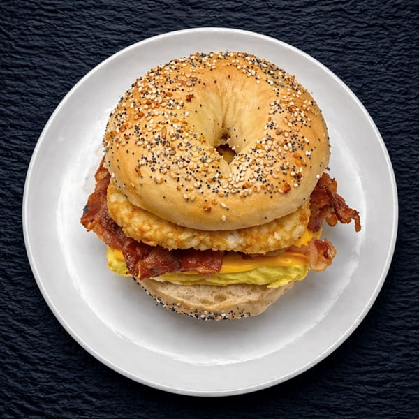Everything bagel breakfast sandwich with bacon, egg, cheese, and hash brown on a white plate.